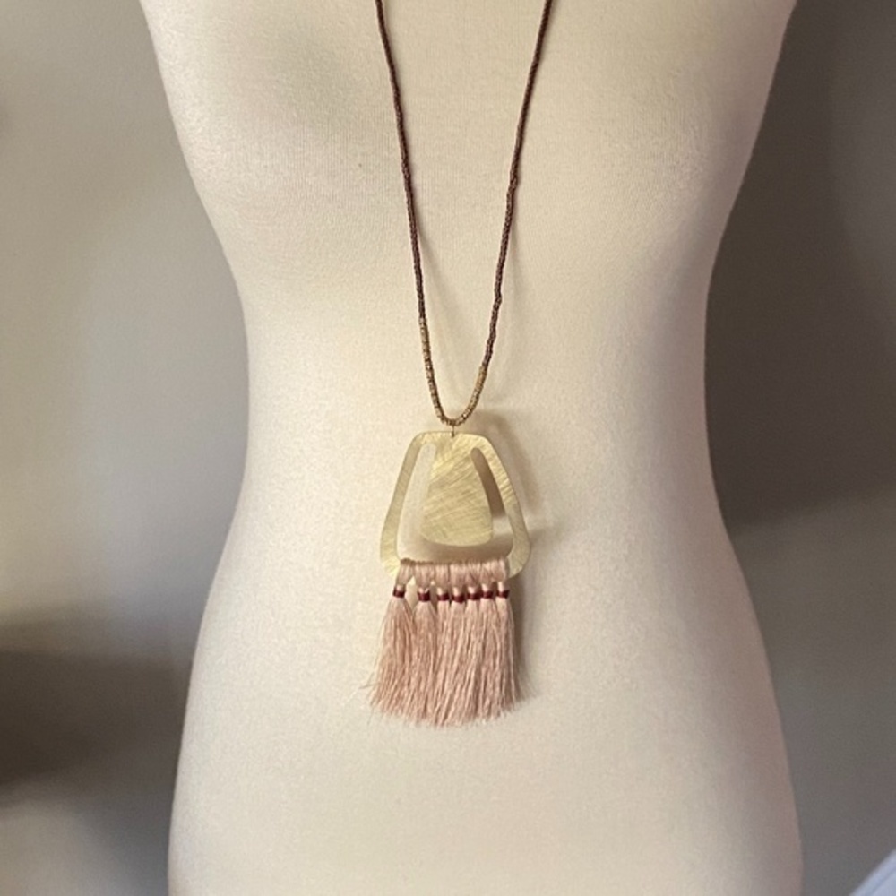 Long Brass Plate Fringe Statement Necklace